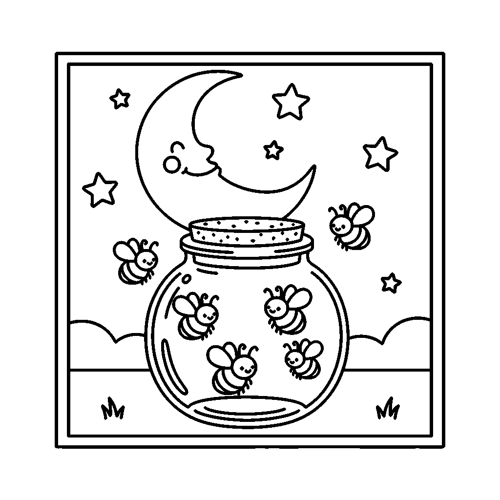 Firefly Night coloring page - Fireflies around a jar under the moon