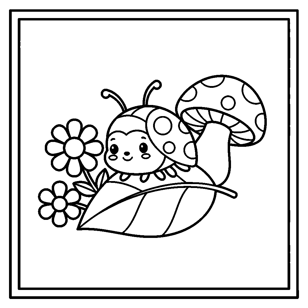 Ladybug on a Leaf coloring page - A cute ladybug sitting on a leaf with flowers