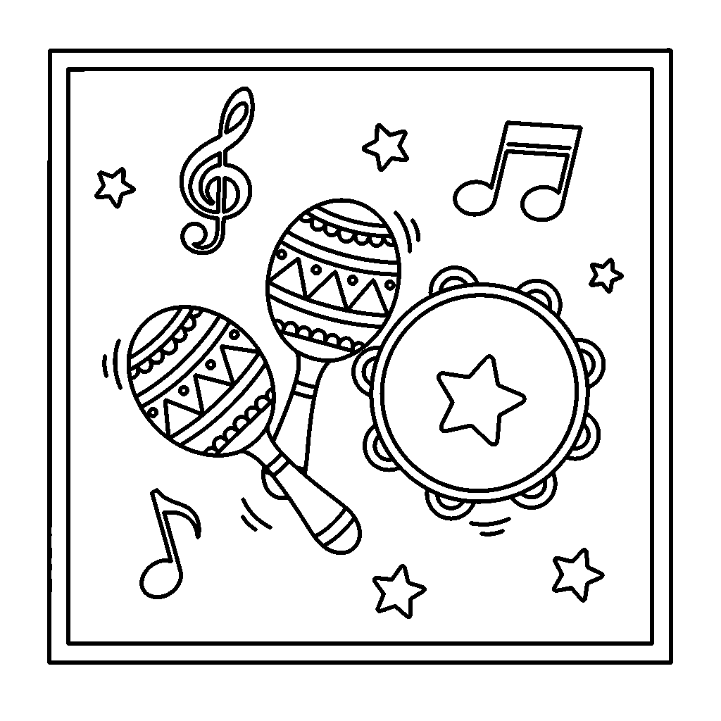 Maracas and Tambourine coloring page - Maracas and a tambourine with notes