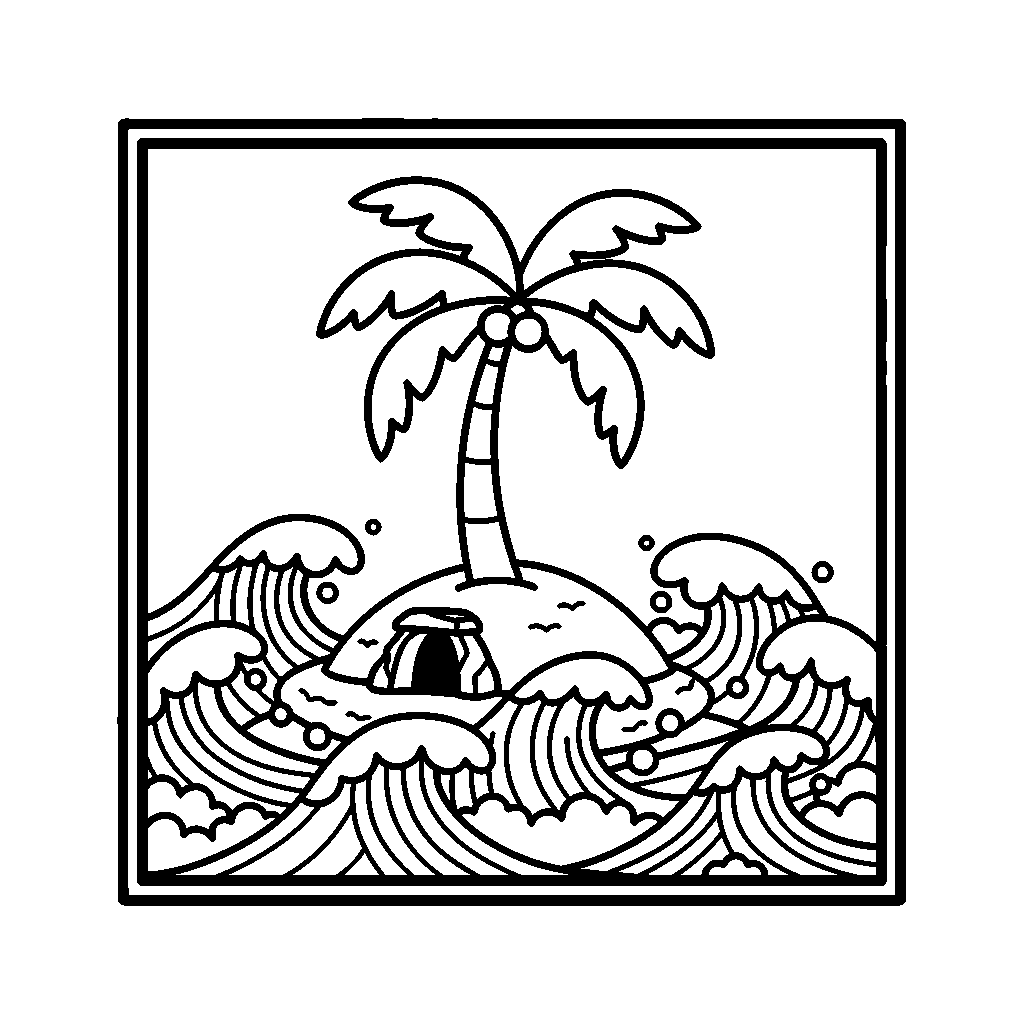 Island Hideout coloring page - A small island with a palm tree and cave entrance