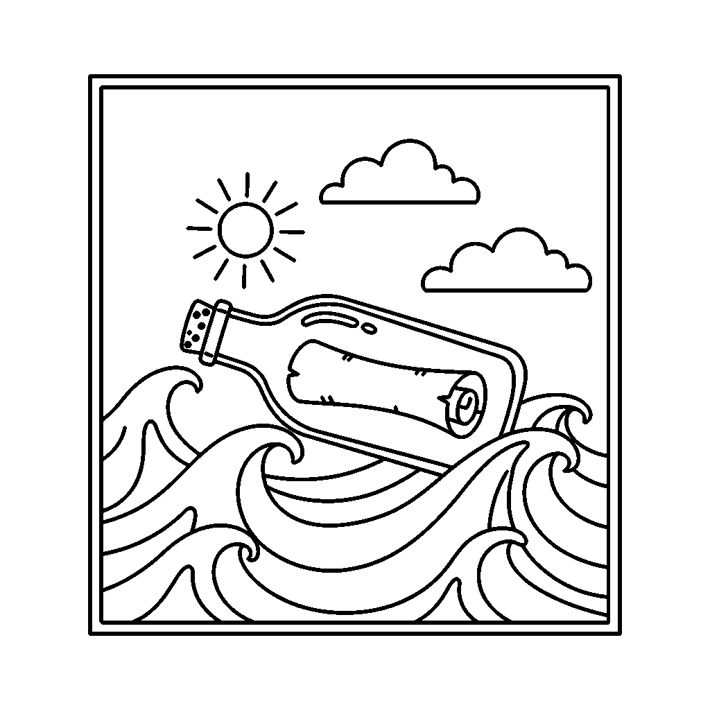 Message in a Bottle coloring page - A bottle with a scroll floating in the waves