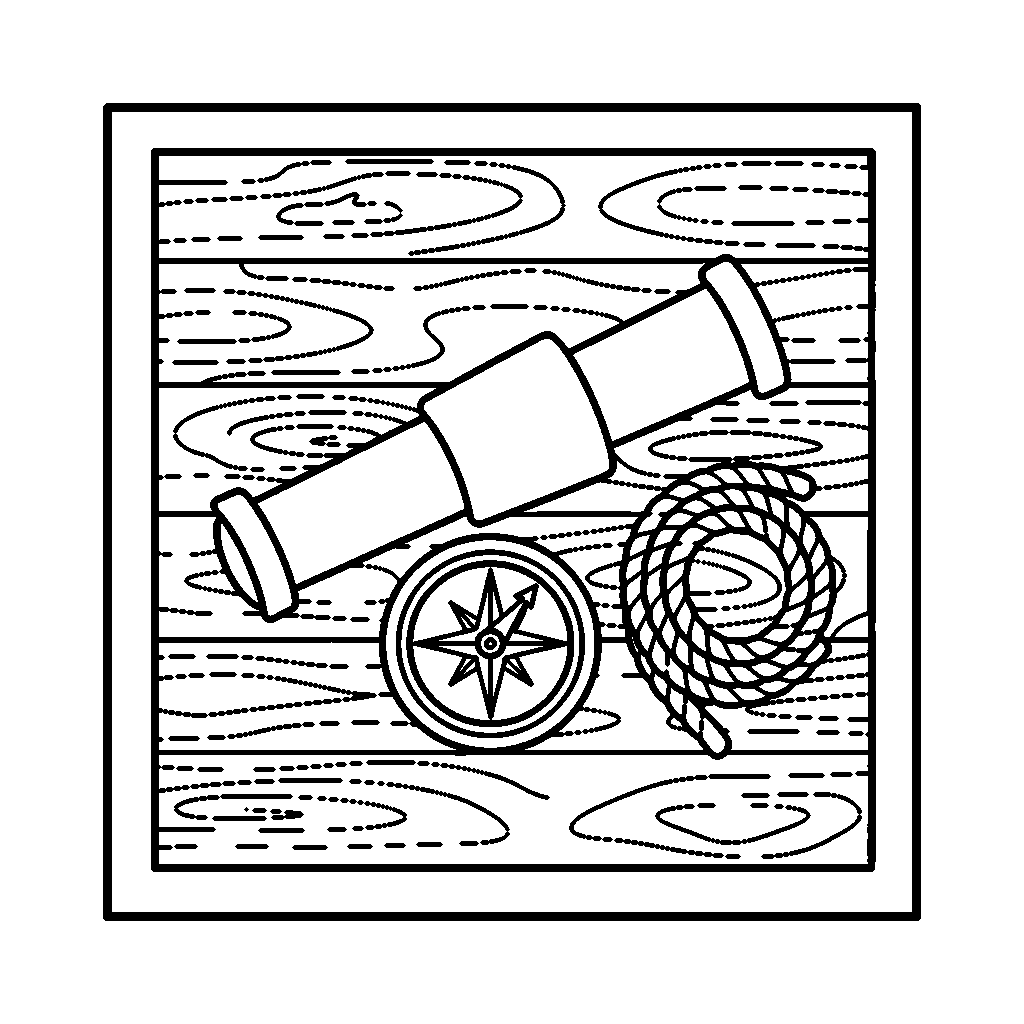 Spyglass and Compass coloring page - A spyglass and compass with a coiled rope