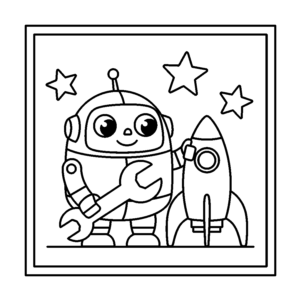 Robot Builds a Rocket coloring page - A robot building a small rocket on a stand