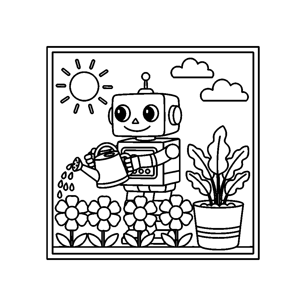 Garden Watering Robot coloring page - A robot watering big flowers with a watering can