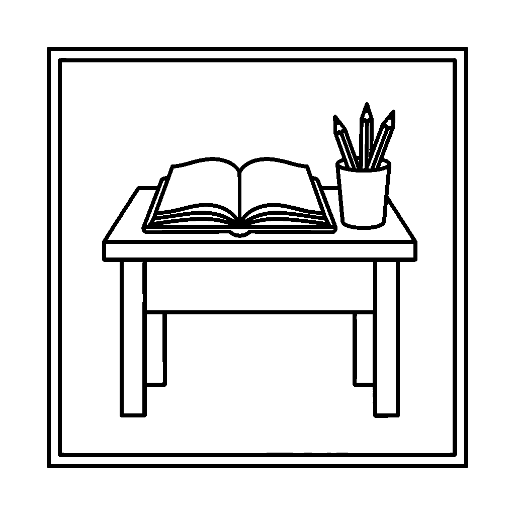 Classroom Desk coloring page - A desk with a book and a cup of pencils