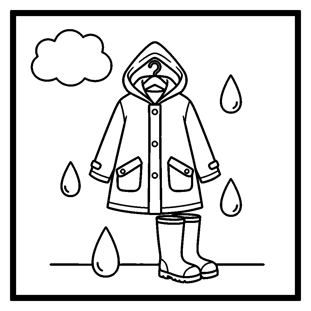 Raincoat and Boots coloring page - A raincoat with boots and raindrops