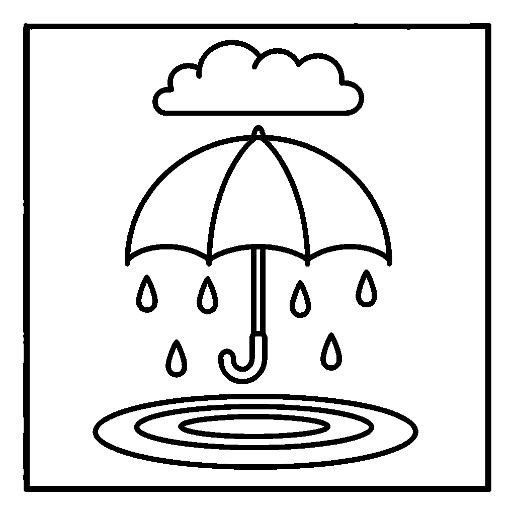 Rainy Umbrella coloring page - An umbrella with raindrops and a puddle