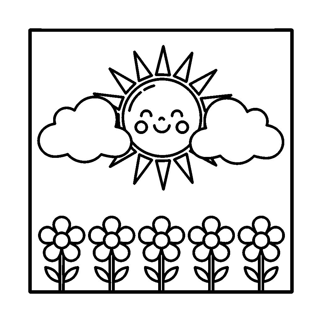 Sunny Day coloring page - A smiling sun with clouds and flowers