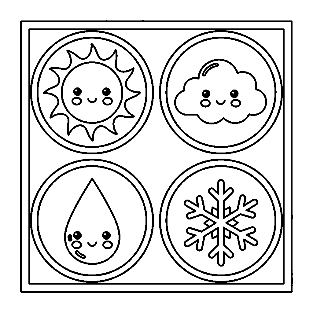 Cute Weather Icons coloring page - Cute icons of sun, cloud, raindrop, and snowflake