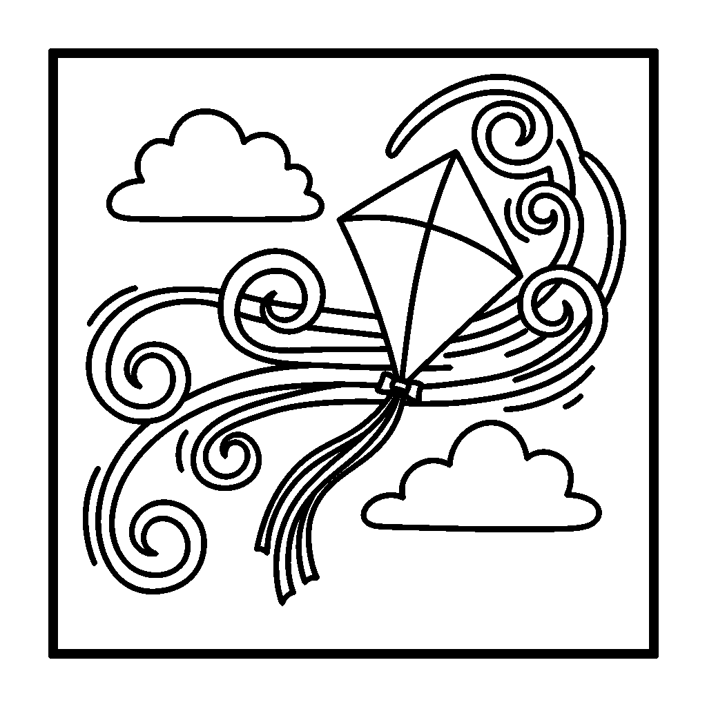 Windy Kite coloring page - A kite flying with wind swirls