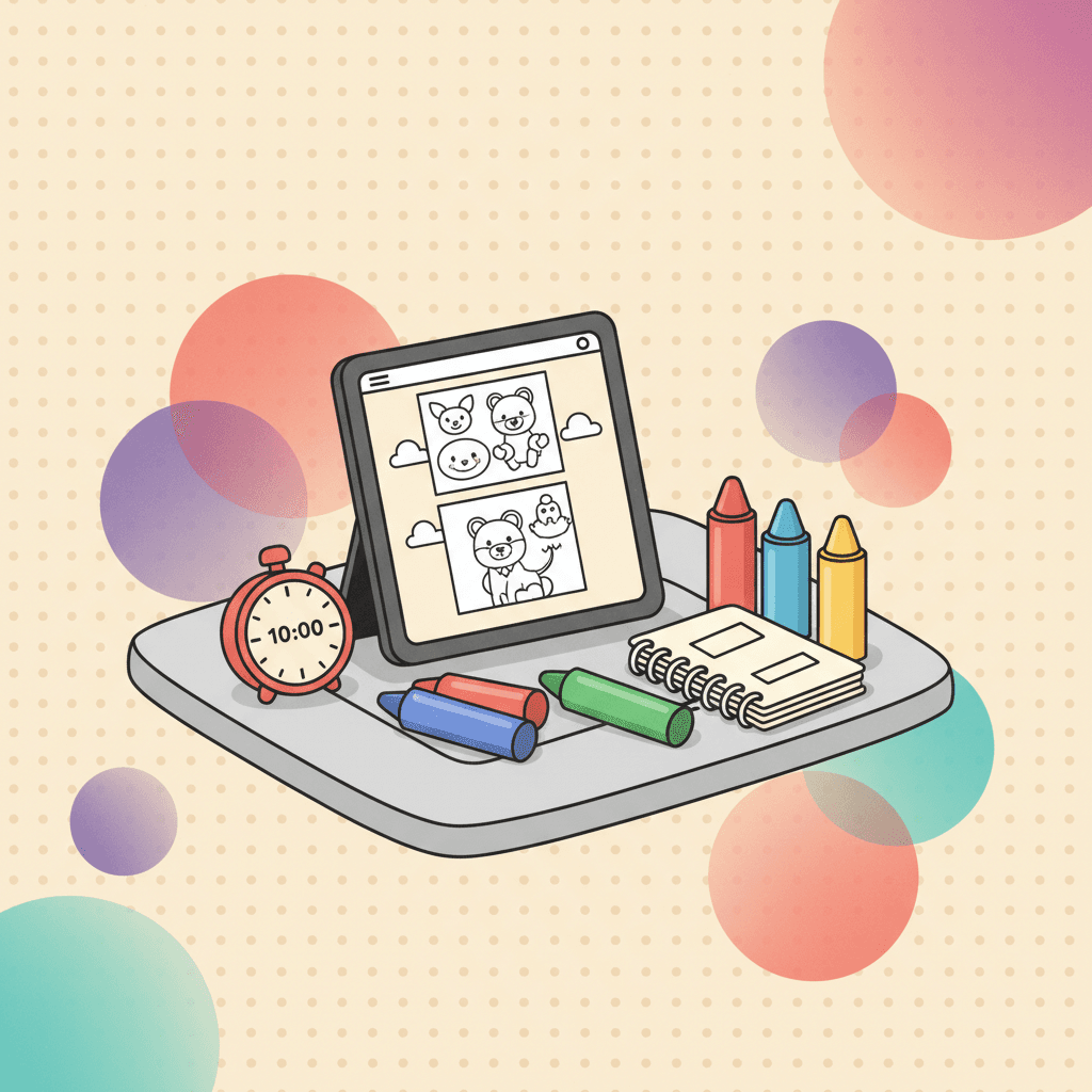 A calm coloring setup with a tablet, crayons, and soft pastel shapes on a warm background.