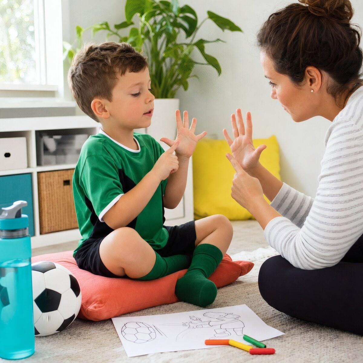 A preschool soccer player practices hand-tracing breaths with a parent beside a ball, water bottle, and coloring page.