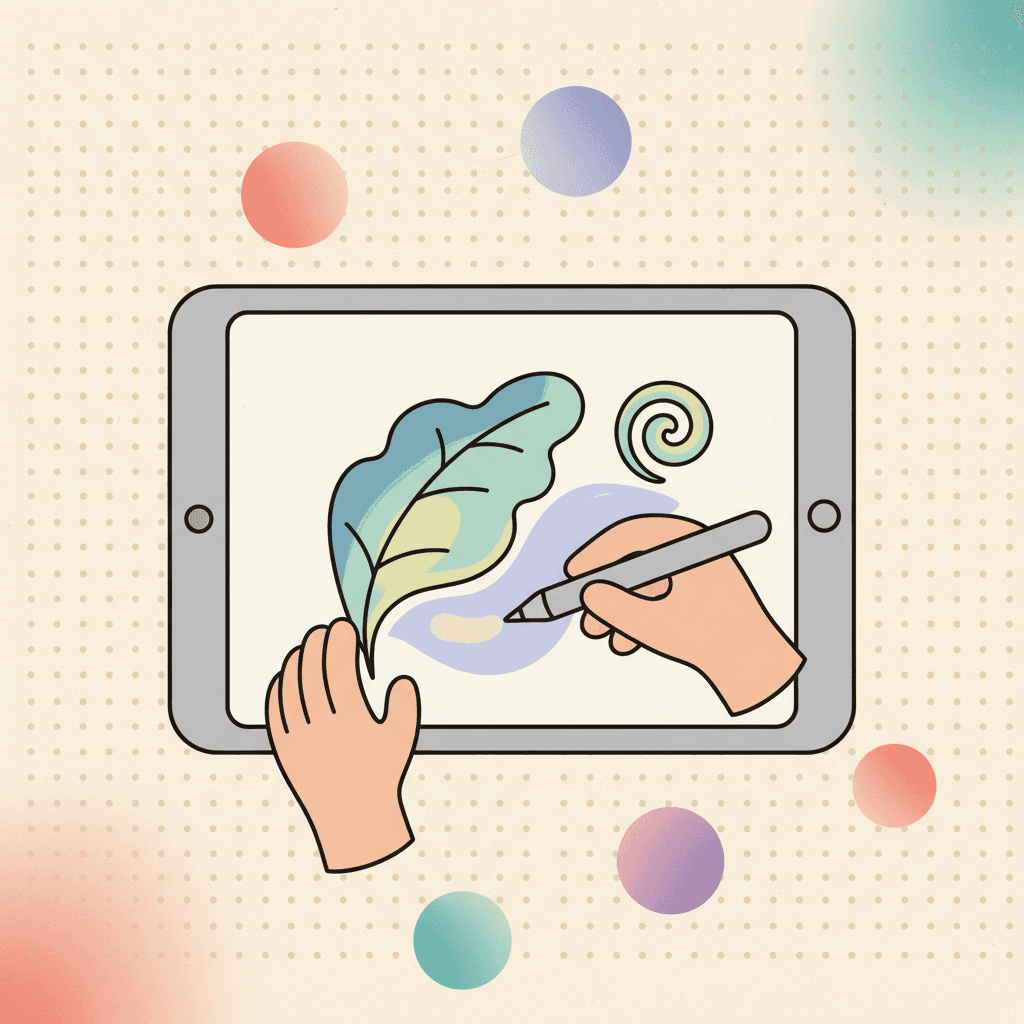 A peaceful scene with soft colors, a simple coloring page, and gentle calming shapes in a warm palette.