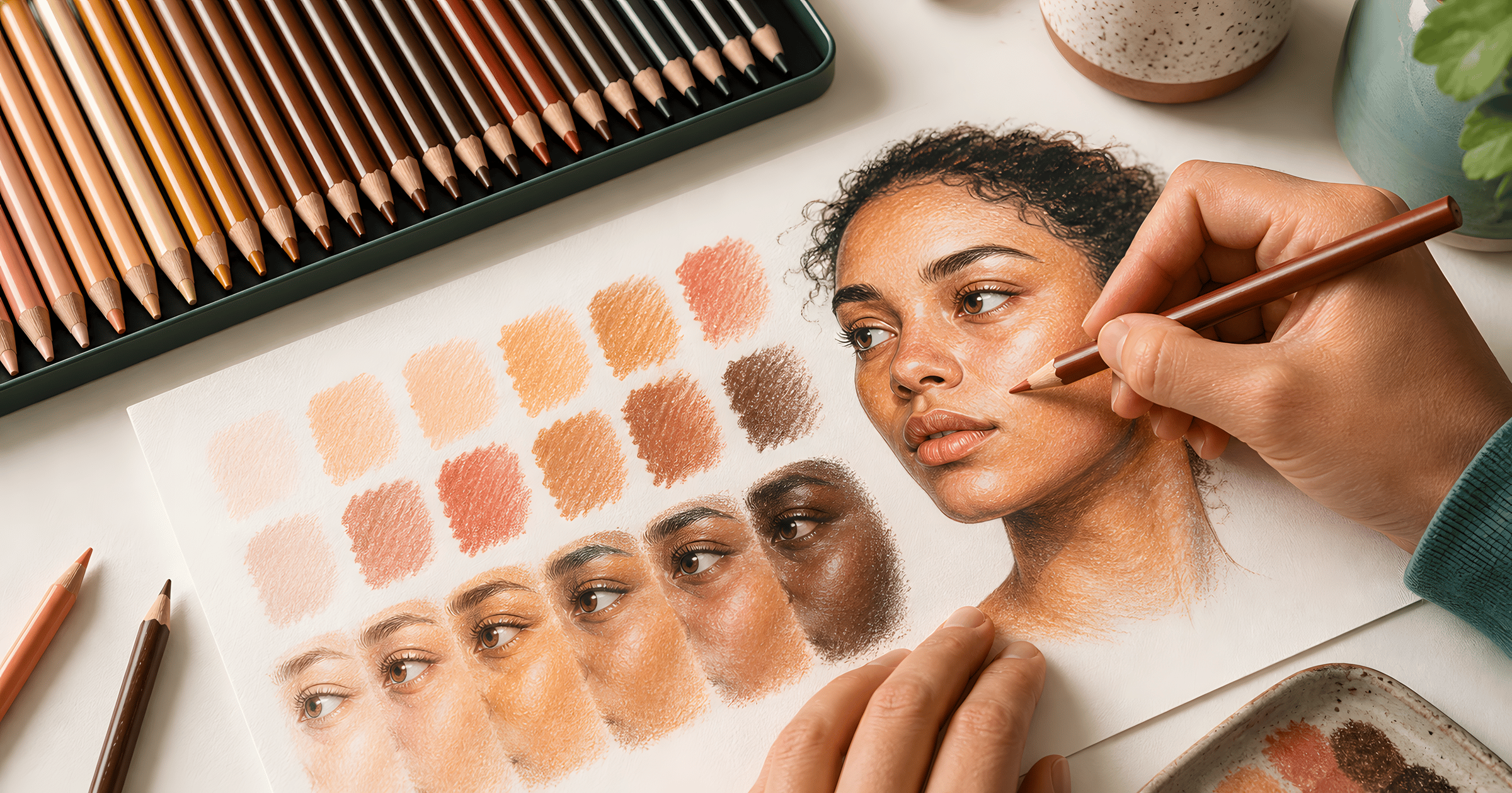 A hand layering warm colored pencils on a practice sheet of skin tone swatches beside a coloring page.