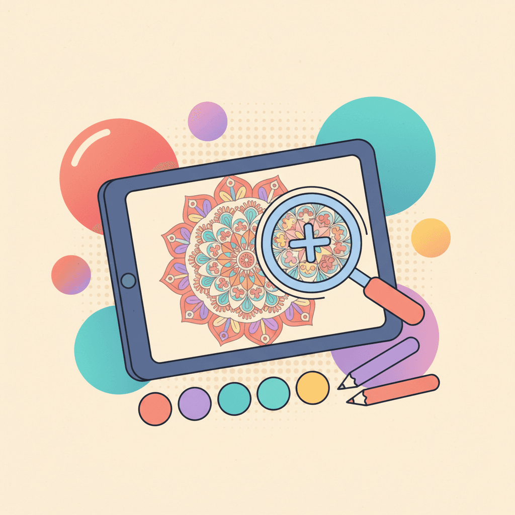 A detailed coloring scene with small regions and patterns, shown on a tablet with a zoom control icon in a colorful style.