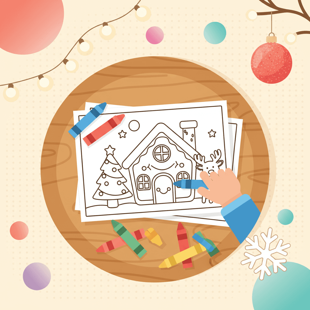 A festive, kid-friendly holiday scene with coloring pages, gentle sparkles, and warm seasonal colors, with no text.