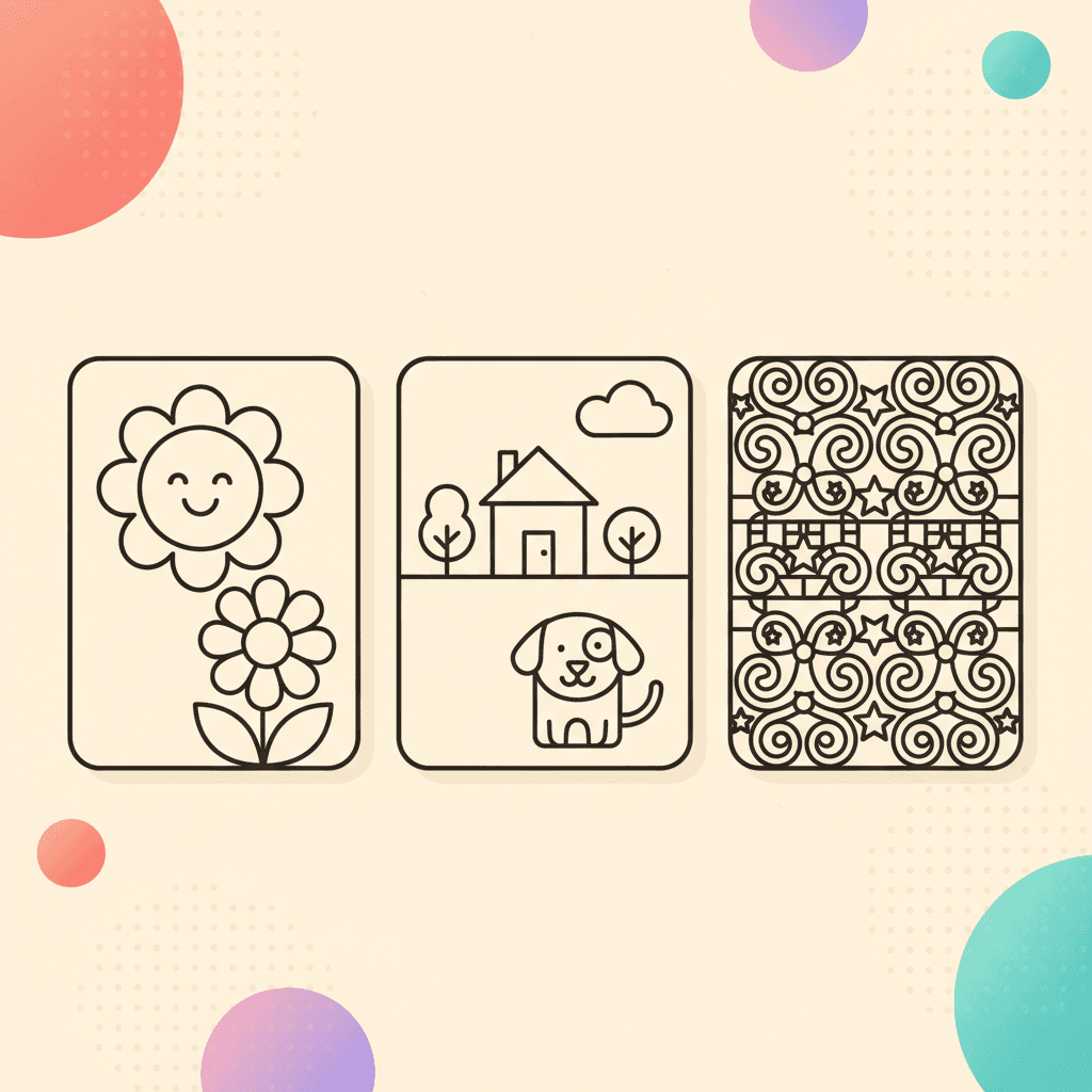 A set of three coloring page previews from simple to detailed, shown in a colorful, kid-friendly layout.