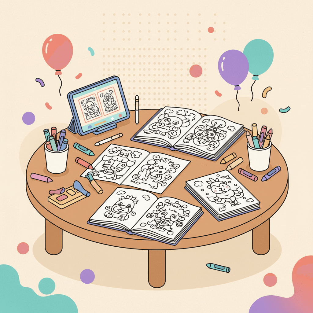 A fun coloring party setup with a table of coloring pages, crayons, and a tablet station, illustrated in a bright, friendly style.
