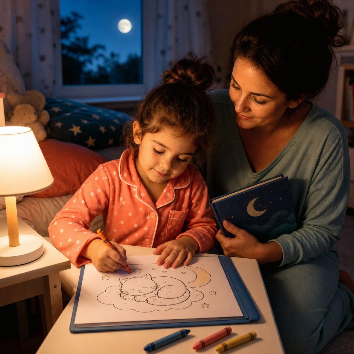 A preschooler colors a sleepy kitten page beside a parent and bedtime story under a warm bedside lamp.