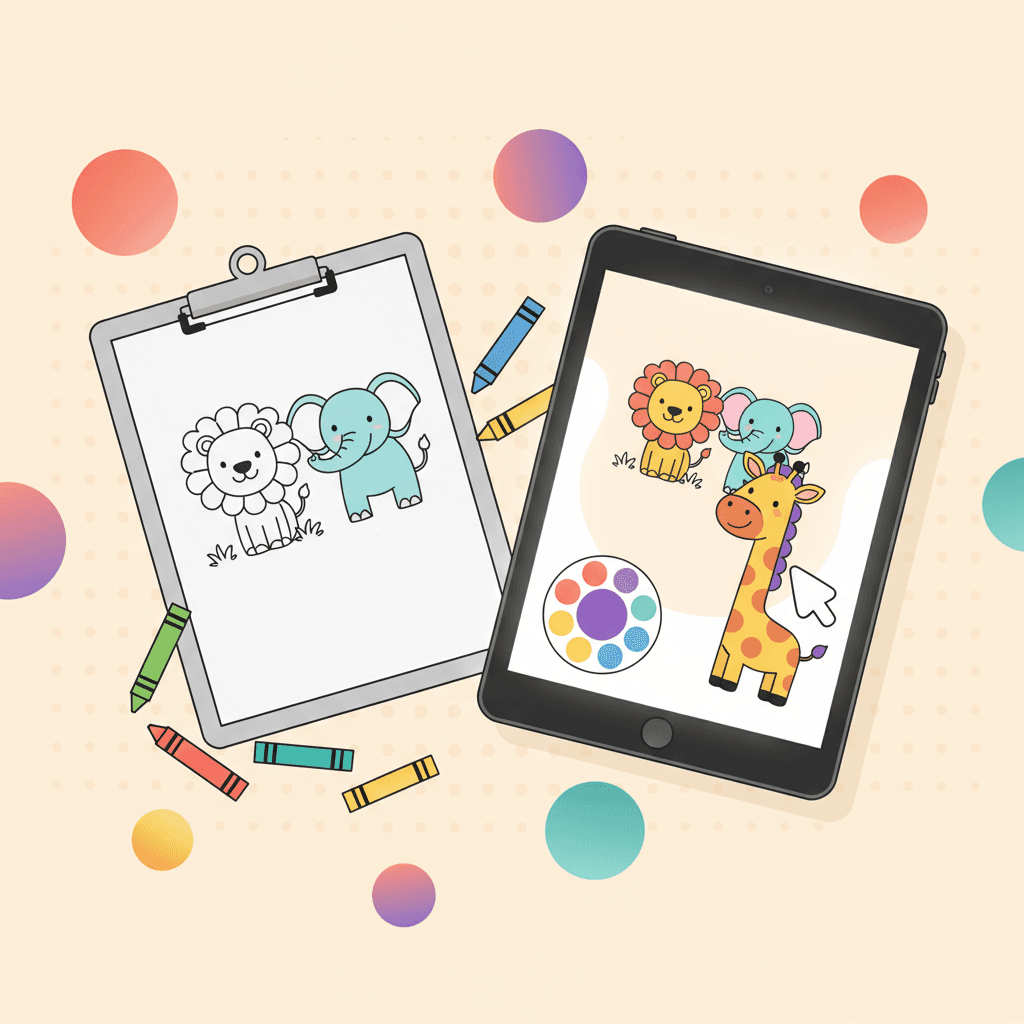 A split scene showing a printed coloring page on one side and a tablet coloring page on the other, in a playful pastel style.
