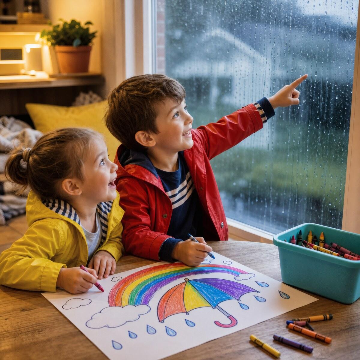 Two children color a rainbow and umbrella page beside a window covered in raindrops.