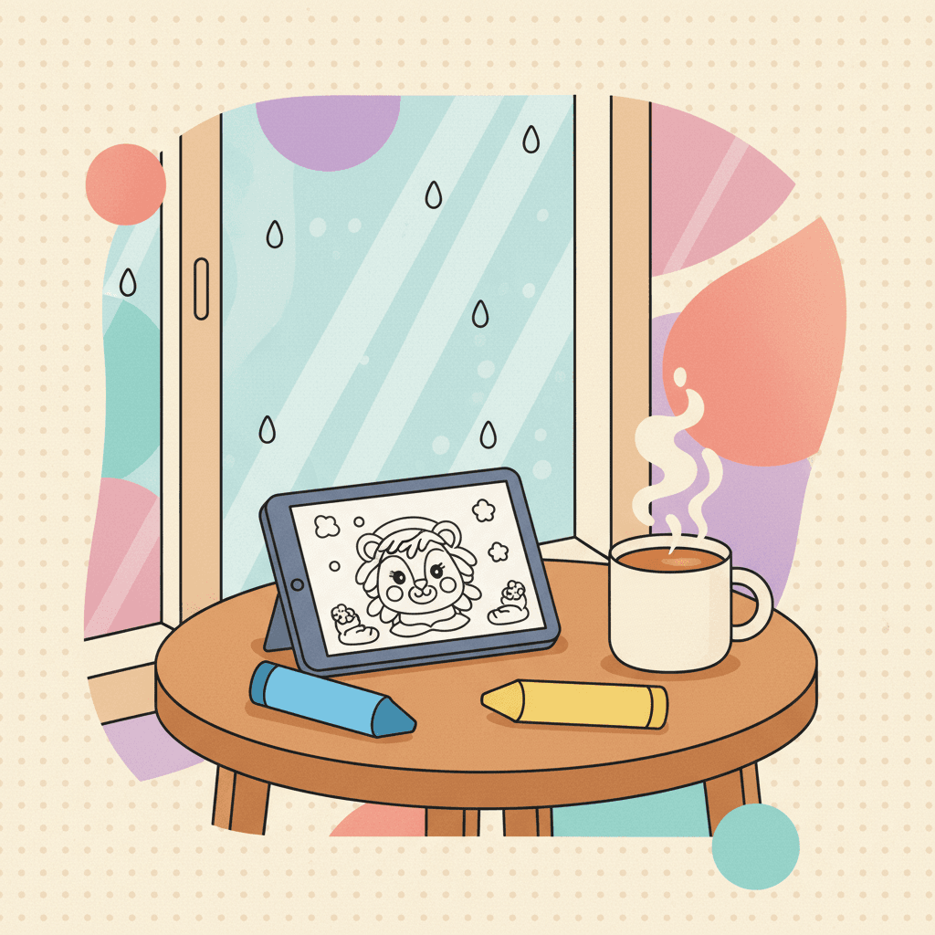 A cozy rainy window with a table of coloring supplies and a tablet, illustrated in warm, playful colors.