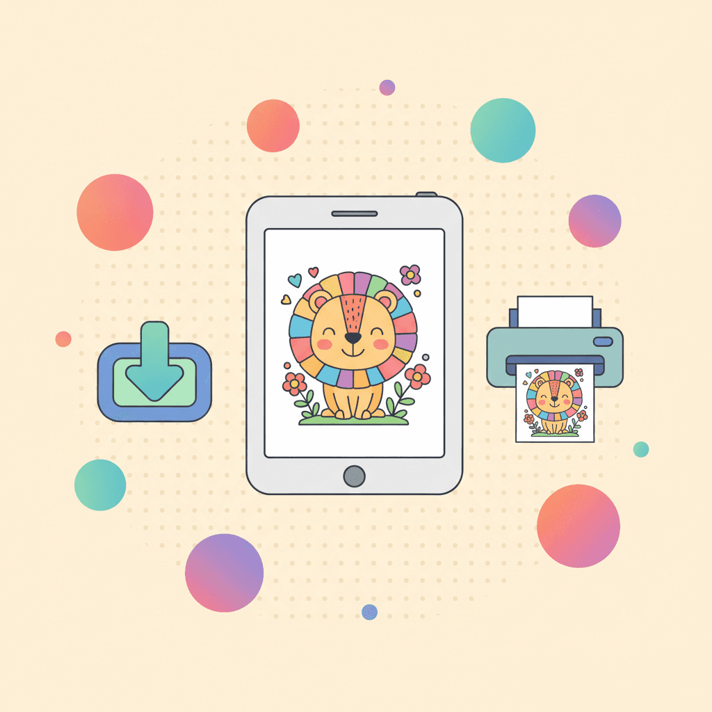 A finished colorful coloring page being saved and printed, shown as a playful illustration with soft gradients.