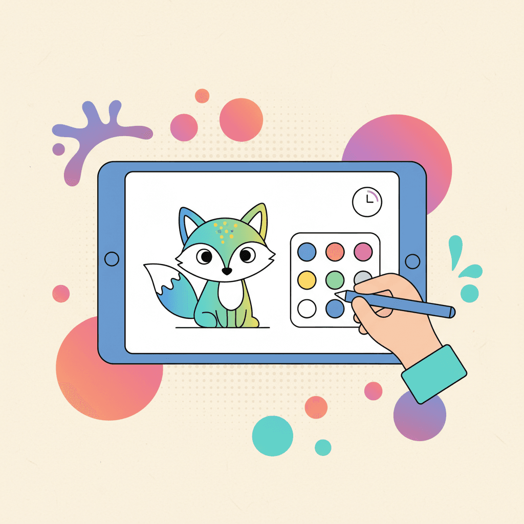 A tablet showing a coloring page with bright color swatches nearby, surrounded by soft gradient shapes.