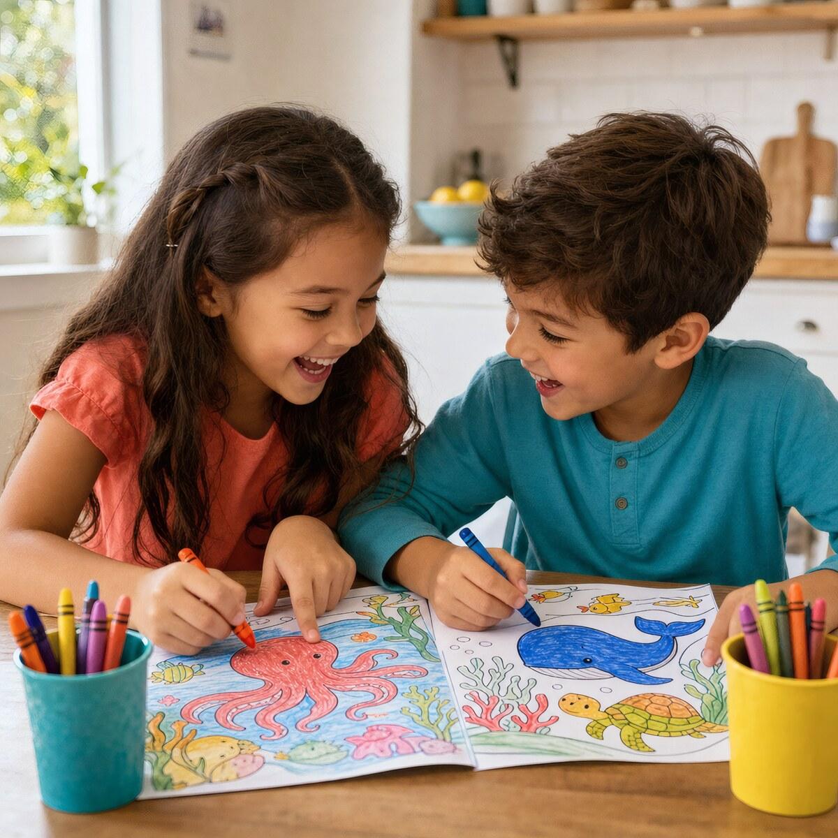 Two smiling siblings color separate ocean-themed pages together at a bright kitchen table.