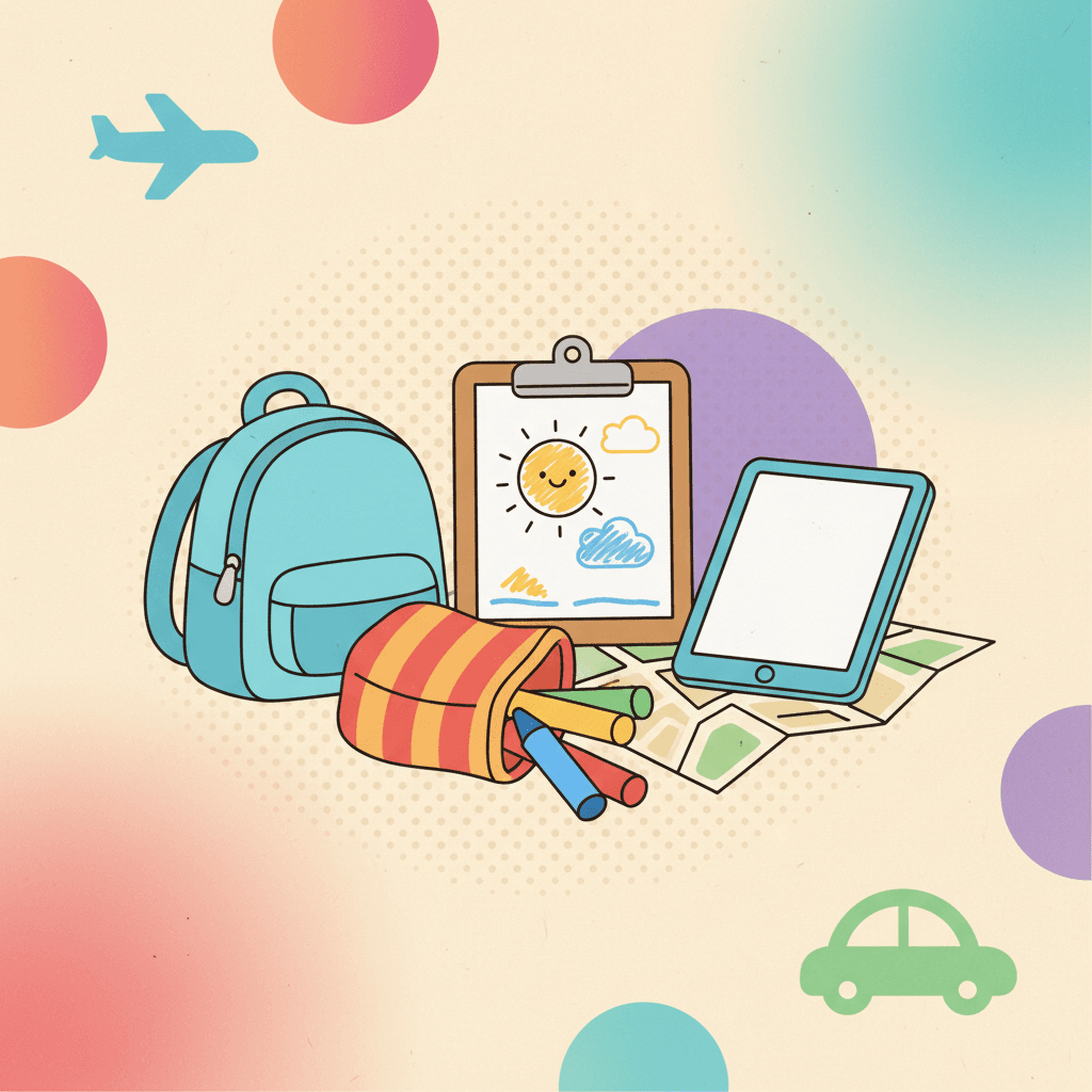 A travel bag with a small coloring kit: a mini clipboard, crayons, and a tablet showing a coloring page, in a playful illustration style.